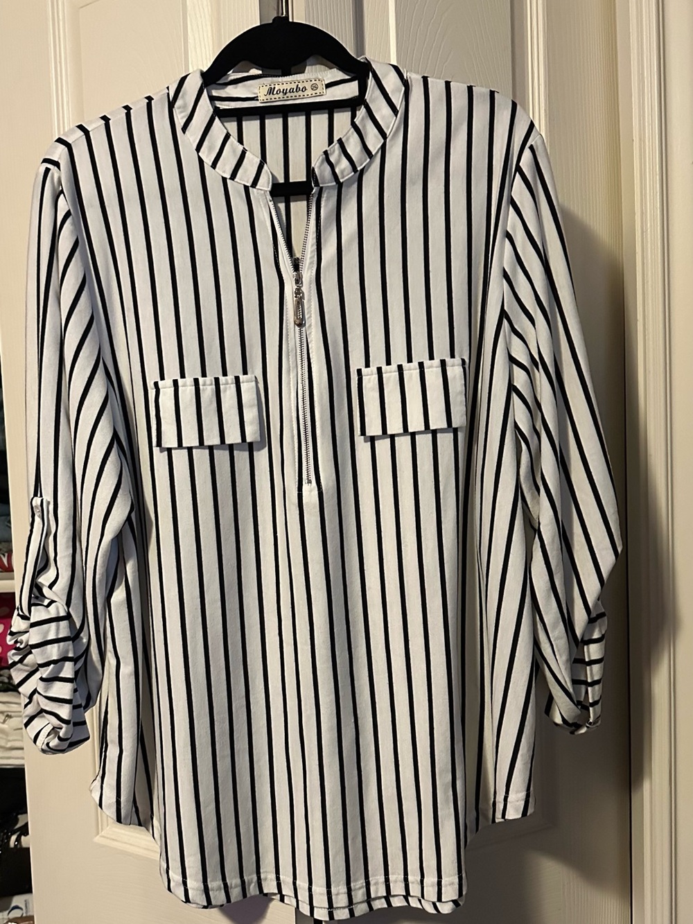 Black & White Vertical Stripe Zip-Front Blouse